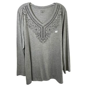 Catherines Plus Size 22/24 Top 2X Gray‎ Long Sleeve Embroidered NWT Mature 1761